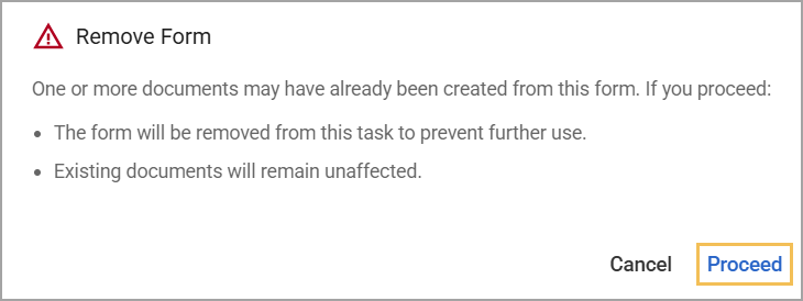 Warning message about removing a form and its implications for existing documents.